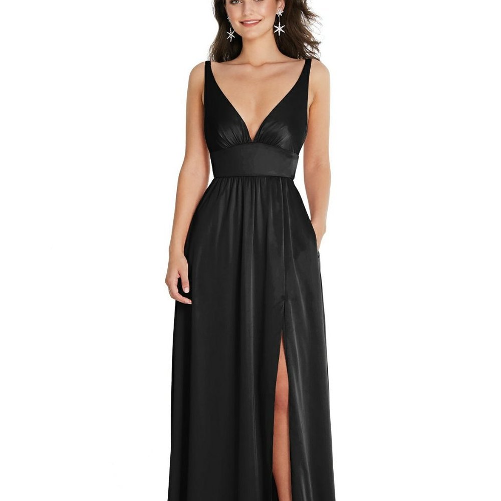 V-Neck Shirred Skirt Maxi Dress, Convertible Straps..TH093...Black..Size XS